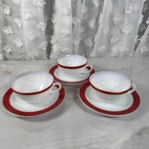3 Sets Pyrex Tea Cups and Saucers White Milk Glass Red Gold Band Made in USA
